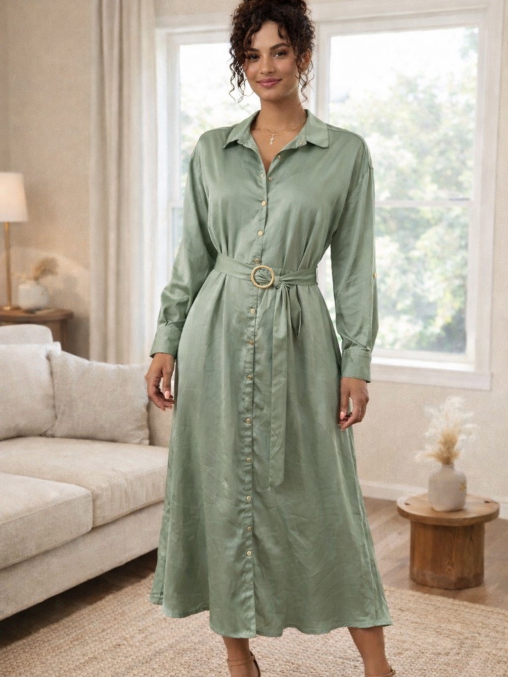 French Connection Light Sage Satin Shirt Dress with Ring Buckle Belt